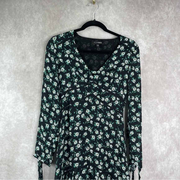 Intermix Floral Long Sleeve Silk Tiered Dress In Black Green Women's Size 2 - Picture 8 of 13